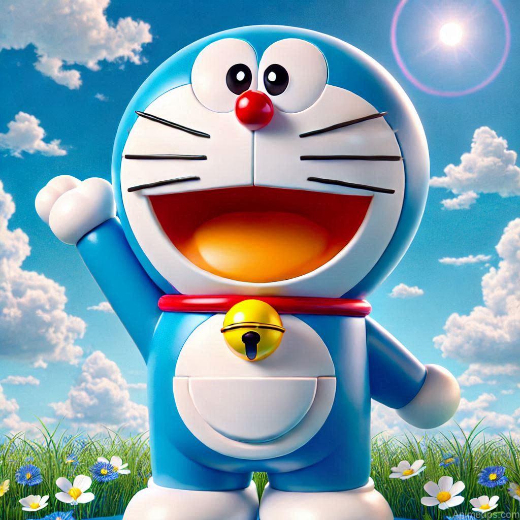 225+ Best Baby Doll Whatsapp Dp 221 A cheerful Doraemon standing upright with his signature smile, wearing his blue body suit with a red nose, collar bell,
