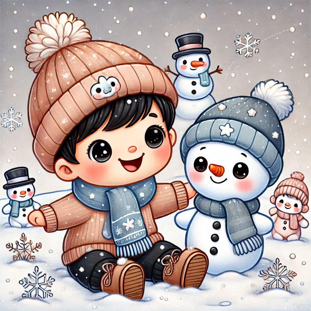 225+ Best Baby Doll Whatsapp Dp 198 A cozy cartoon baby doll in a tiny scarf and hat, playing in the snow with a cartoon snowman