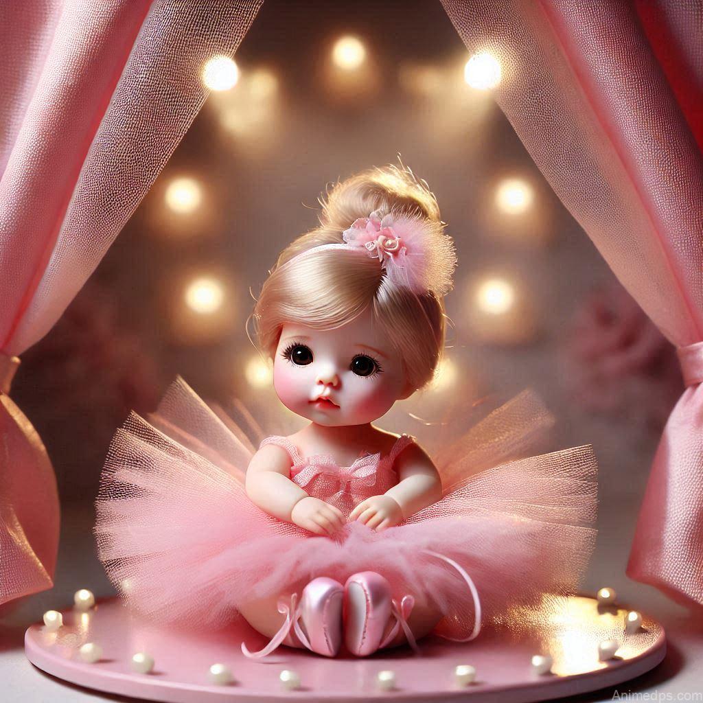 225+ Best Baby Doll Whatsapp Dp 105 A graceful baby doll dressed in a pink tutu and ballet slippers, posing on a miniature stage with soft spotlight effects