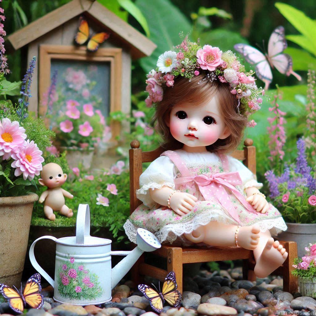 225+ Best Baby Doll Whatsapp Dp 95 A delightful baby doll sitting on a tiny wooden bench in a lush garden, holding a watering