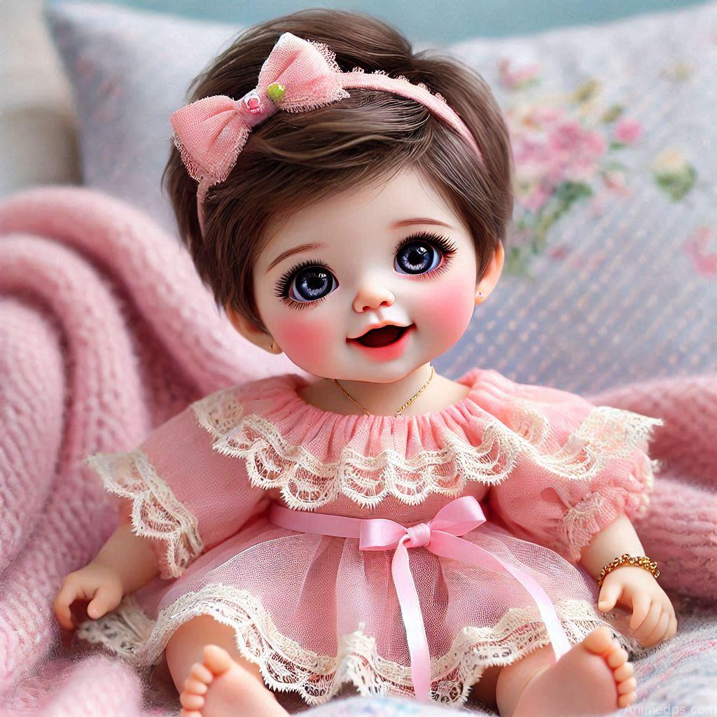 225+ Best Baby Doll Whatsapp Dp 2 A cute baby doll with big sparkling eyes, rosy cheeks, and a bright smile, dressed in a soft pink.