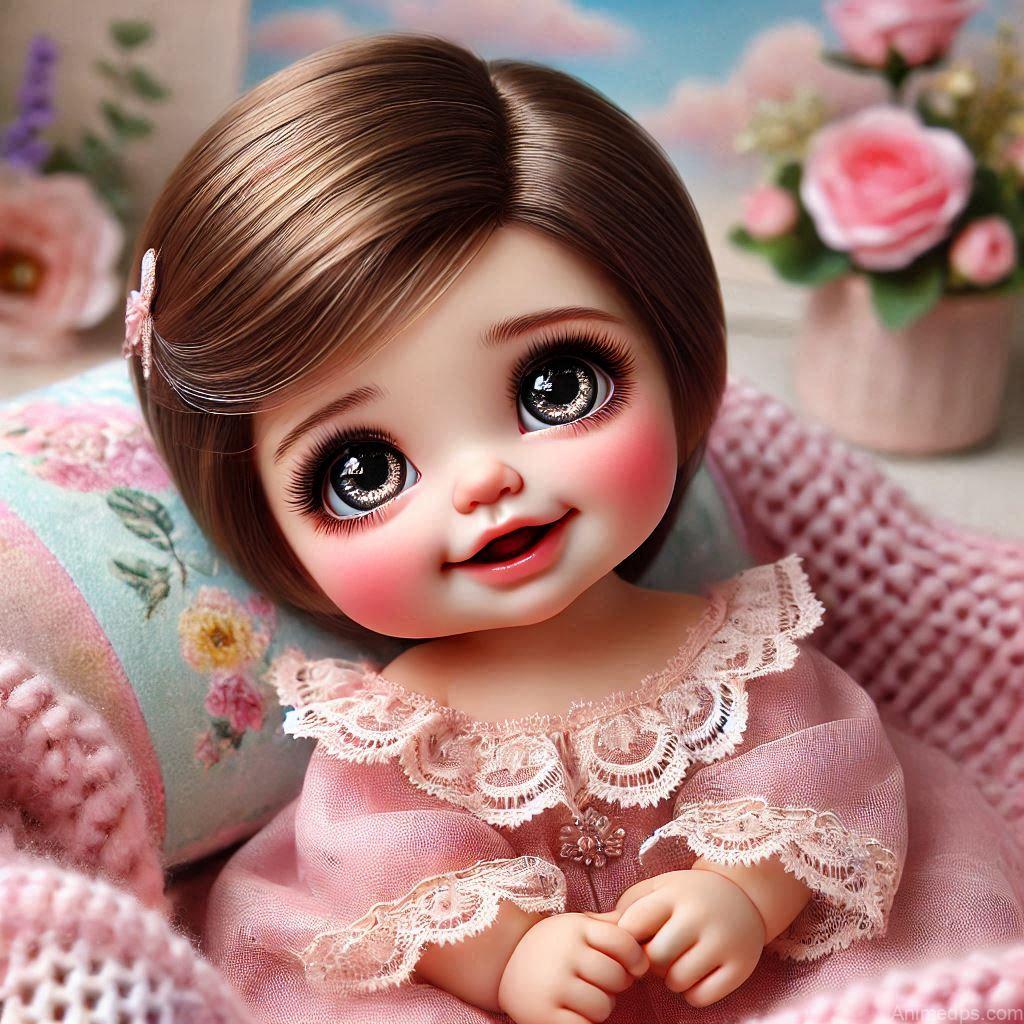 225+ Best Baby Doll Whatsapp Dp 3 A cute baby doll with big sparkling eyes, rosy cheeks, and a bright smile, dressed in a soft pink.