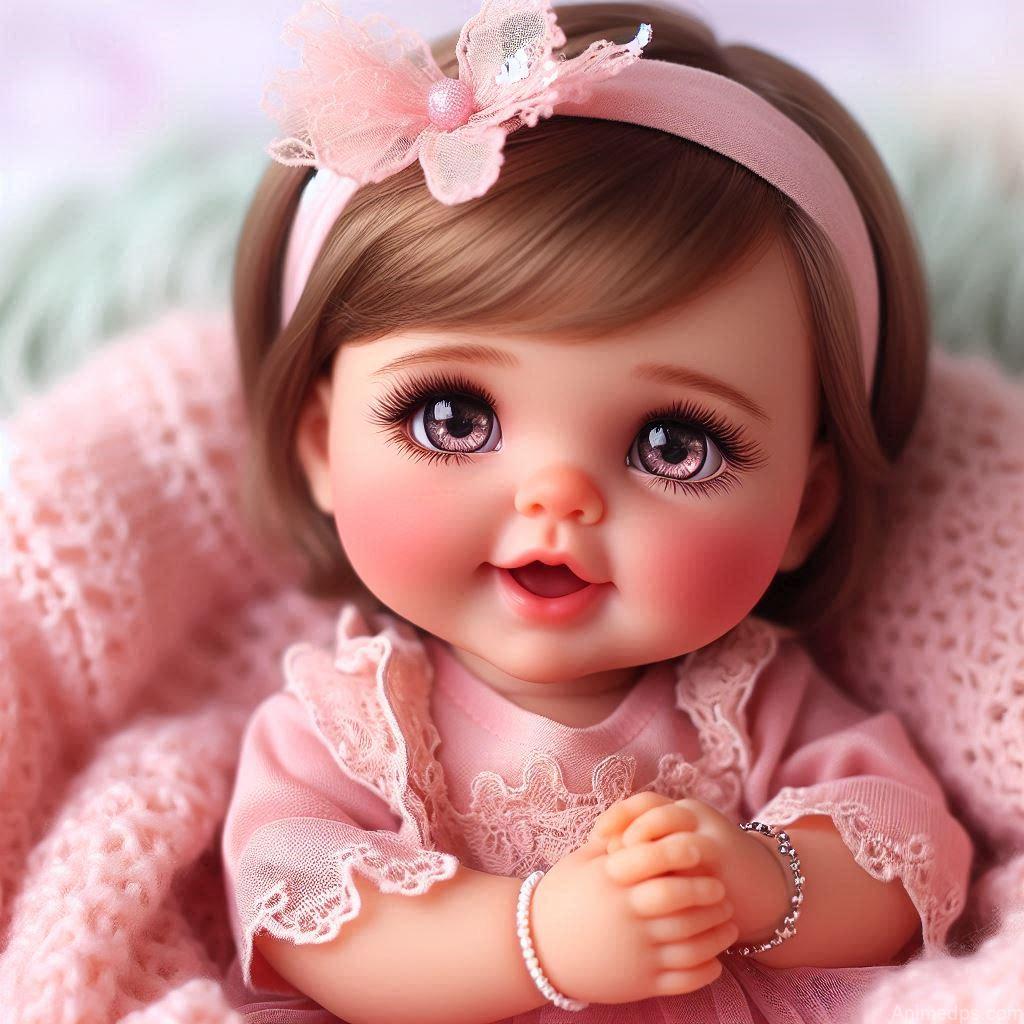 225+ Best Baby Doll Whatsapp Dp 4 A cute baby doll with big sparkling eyes, rosy cheeks, and a bright smile, dressed in a soft pink.
