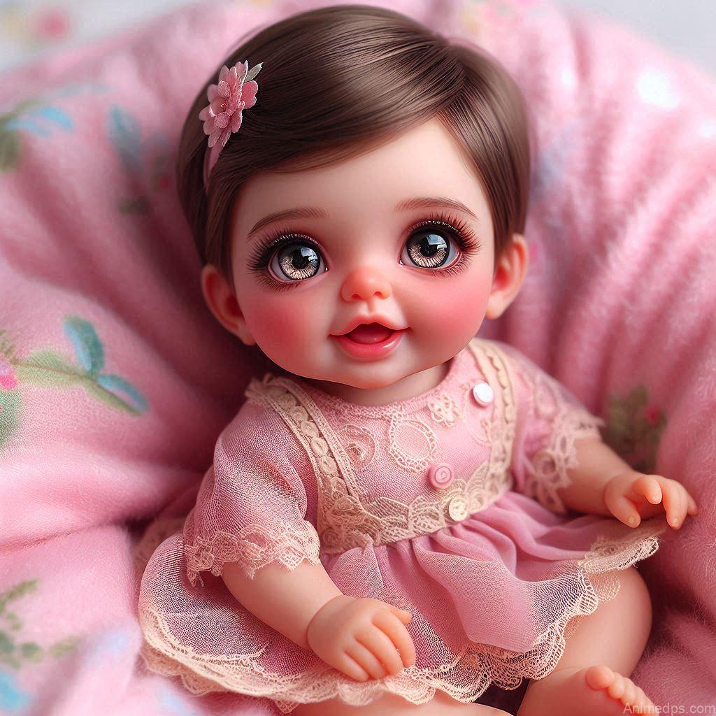 225+ Best Baby Doll Whatsapp Dp 5 A cute baby doll with big sparkling eyes, rosy cheeks, and a bright smile, dressed in a soft pink.