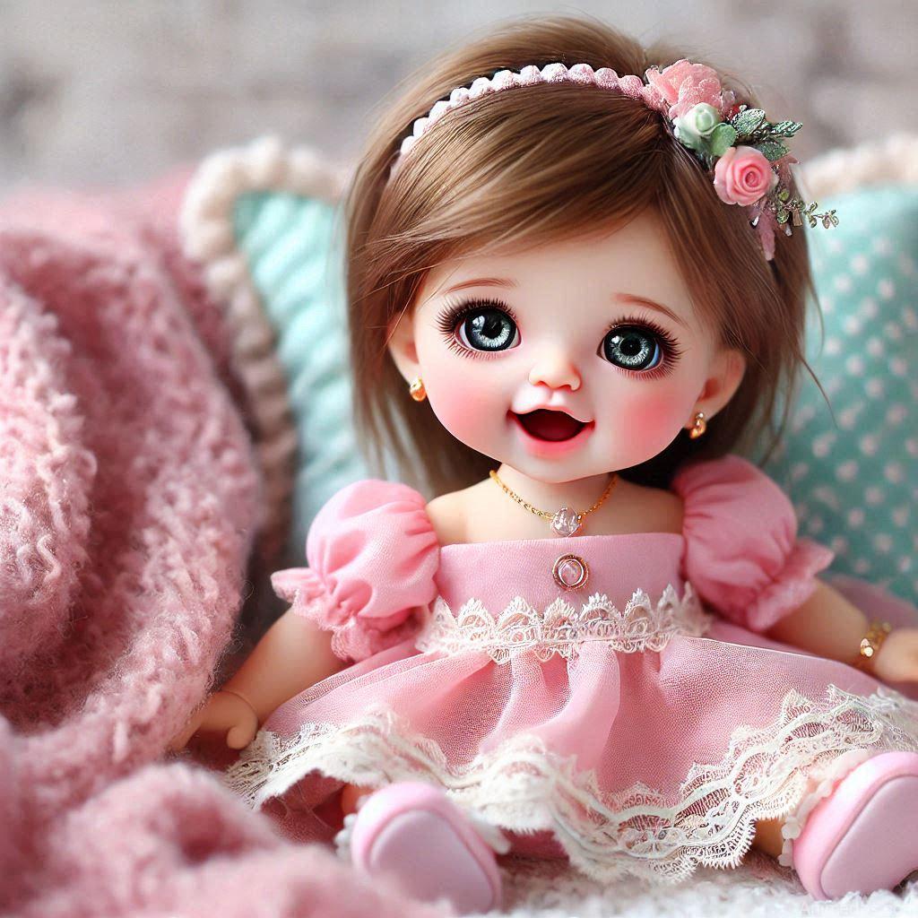225+ Best Baby Doll Whatsapp Dp 6 A cute baby doll with big sparkling eyes, rosy cheeks, and a bright smile, dressed in a soft pink.
