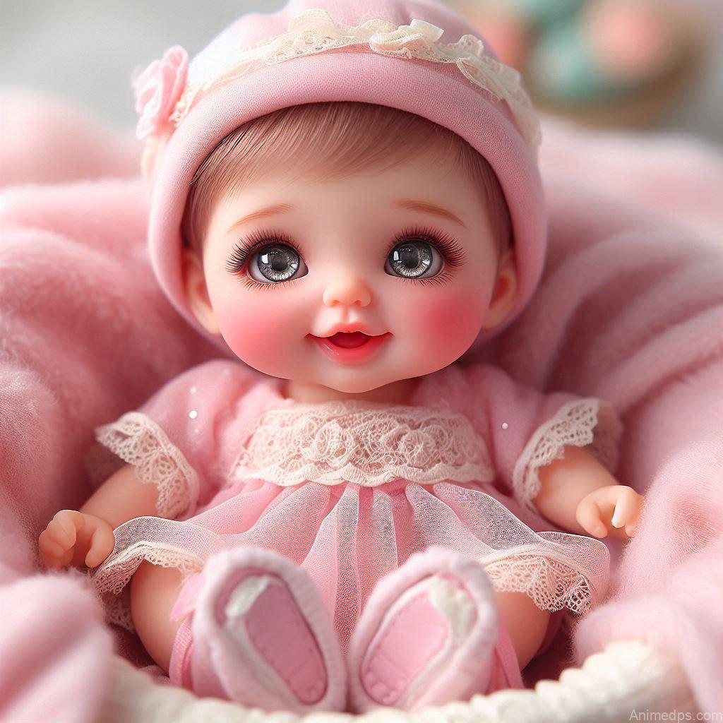 225+ Best Baby Doll Whatsapp Dp 7 A cute baby doll with big sparkling eyes, rosy cheeks, and a bright smile, dressed in a soft pink.