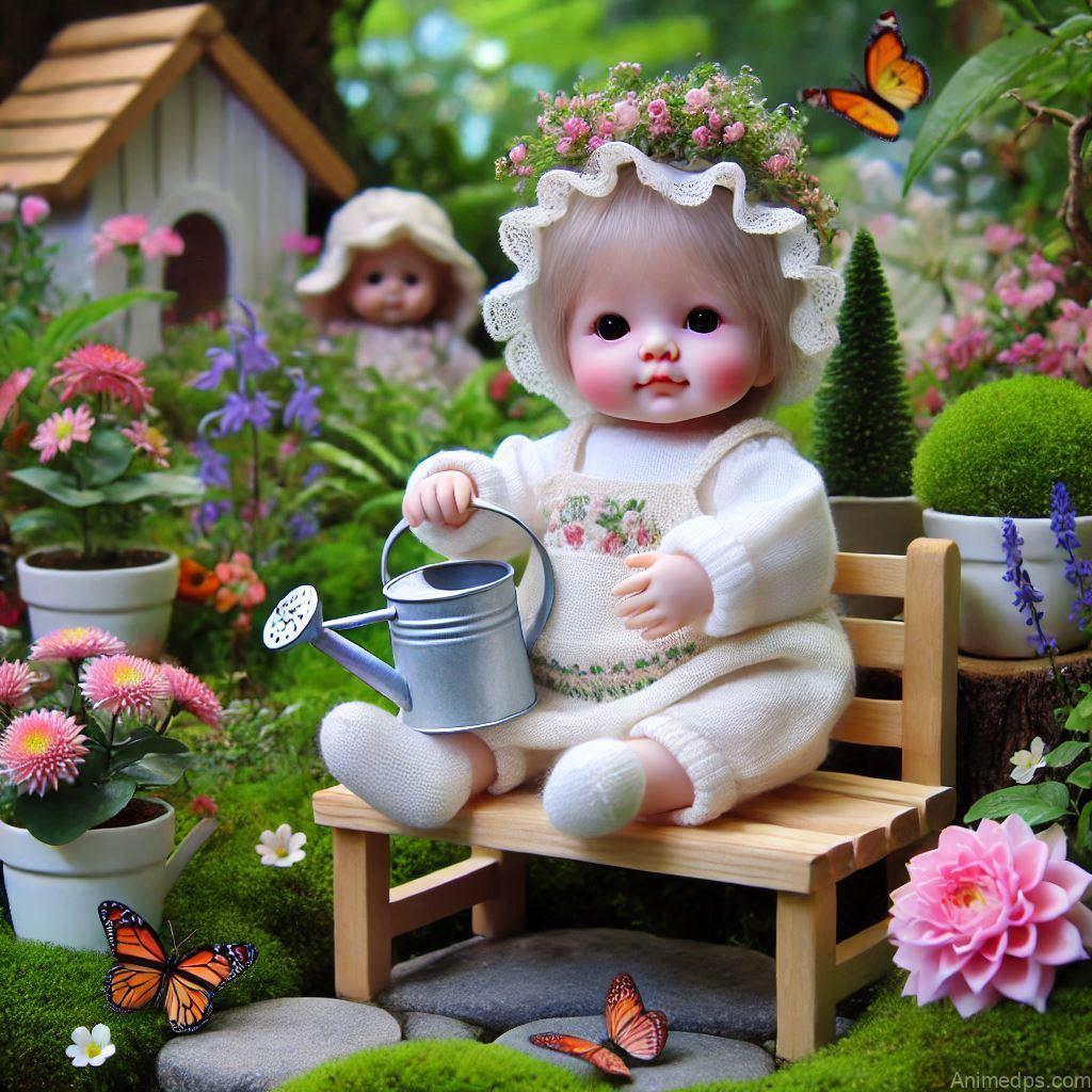 225+ Best Baby Doll Whatsapp Dp 96 A delightful baby doll sitting on a tiny wooden bench in a lush garden, holding a watering