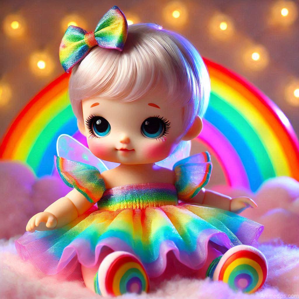 225+ Best Baby Doll Whatsapp Dp 97 A vibrant baby doll wearing a rainbow-colored dress, sitting on a fluffy cloud with a glowing rainbow