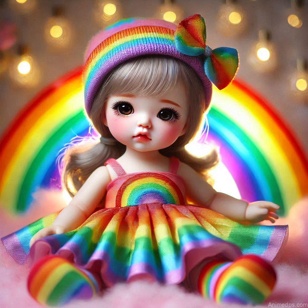 225+ Best Baby Doll Whatsapp Dp 99 A vibrant baby doll wearing a rainbow-colored dress, sitting on a fluffy cloud with a glowing rainbow