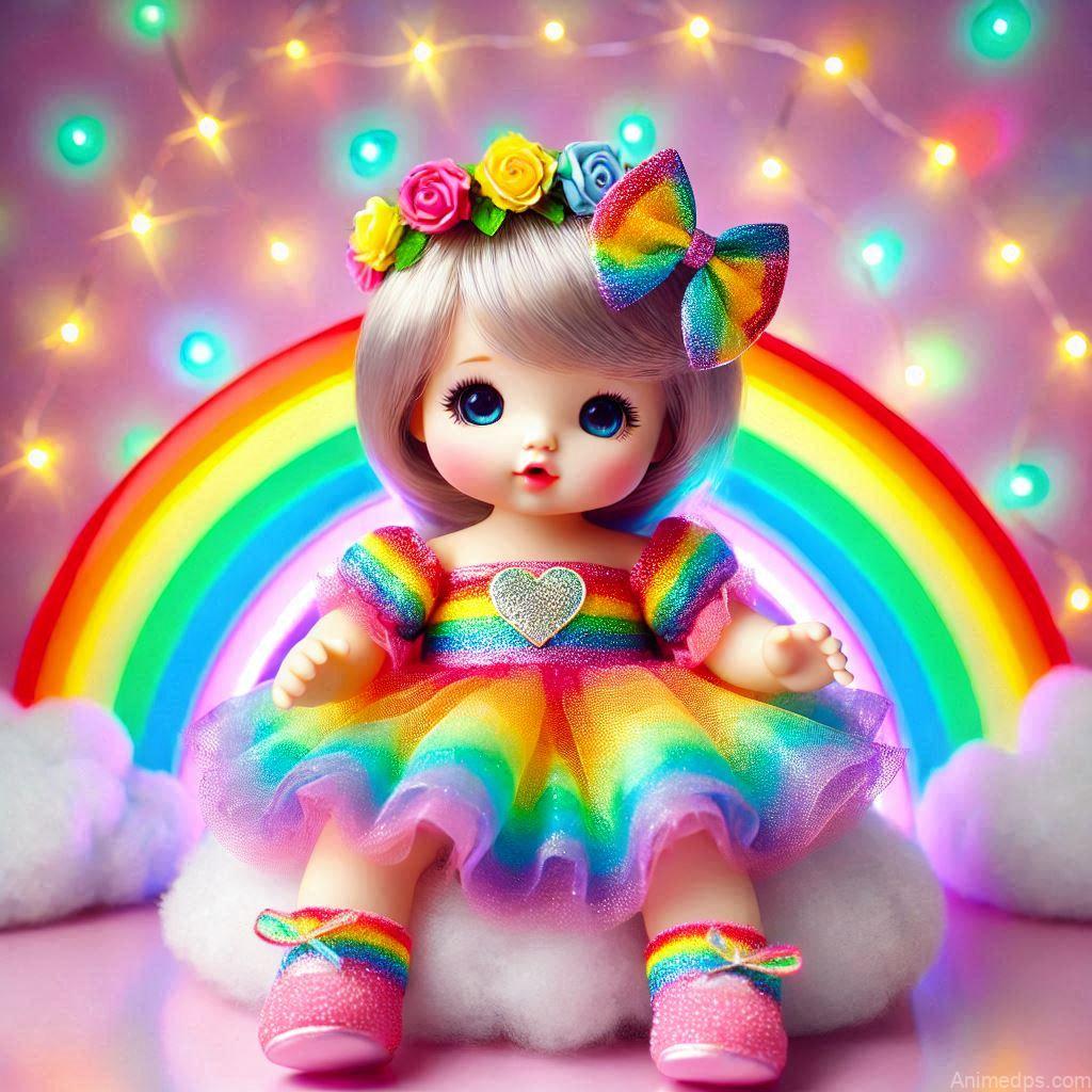 225+ Best Baby Doll Whatsapp Dp 100 A vibrant baby doll wearing a rainbow-colored dress, sitting on a fluffy cloud with a glowing rainbow