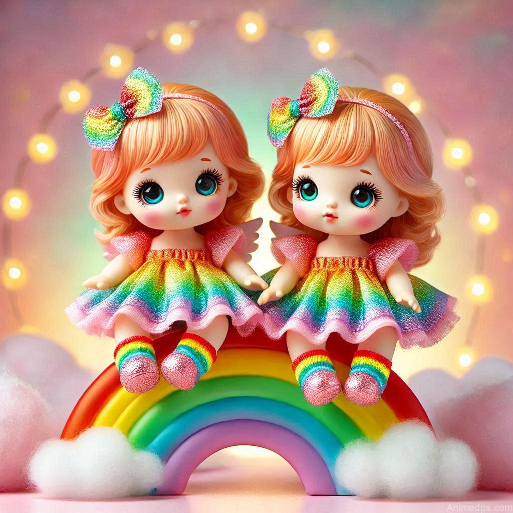 225+ Best Baby Doll Whatsapp Dp 101 A vibrant baby doll wearing a rainbow-colored dress, sitting on a fluffy cloud with a glowing rainbow