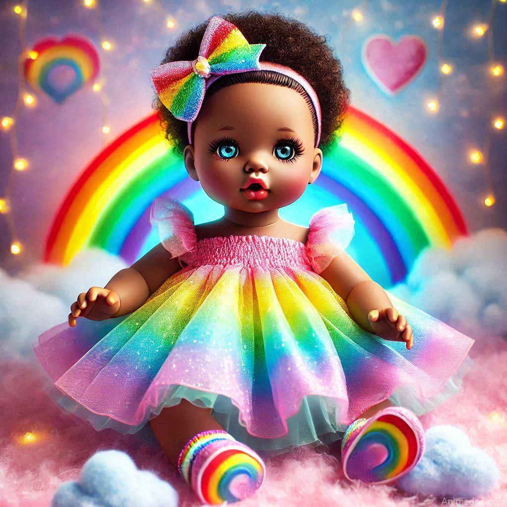 225+ Best Baby Doll Whatsapp Dp 102 A vibrant baby doll wearing a rainbow-colored dress, sitting on a fluffy cloud with a glowing rainbow