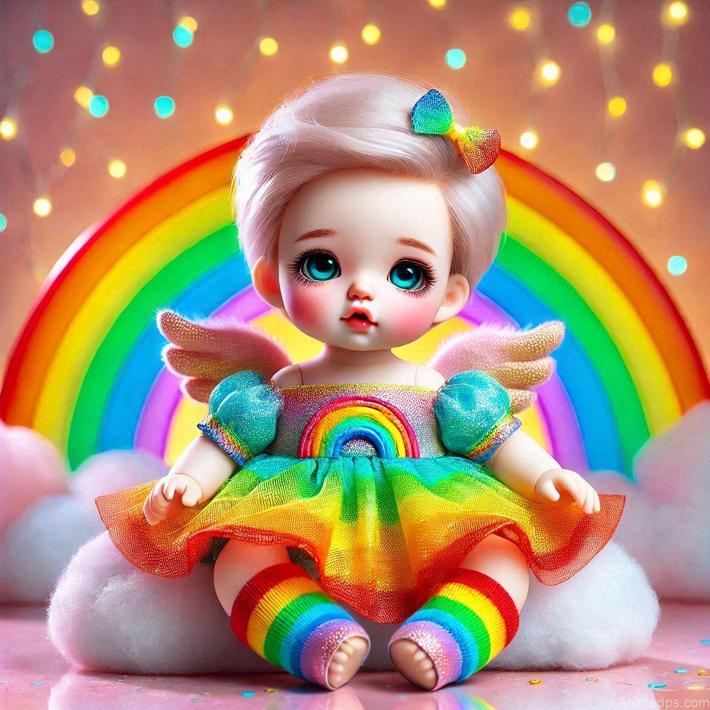 225+ Best Baby Doll Whatsapp Dp 103 A vibrant baby doll wearing a rainbow-colored dress, sitting on a fluffy cloud with a glowing rainbow