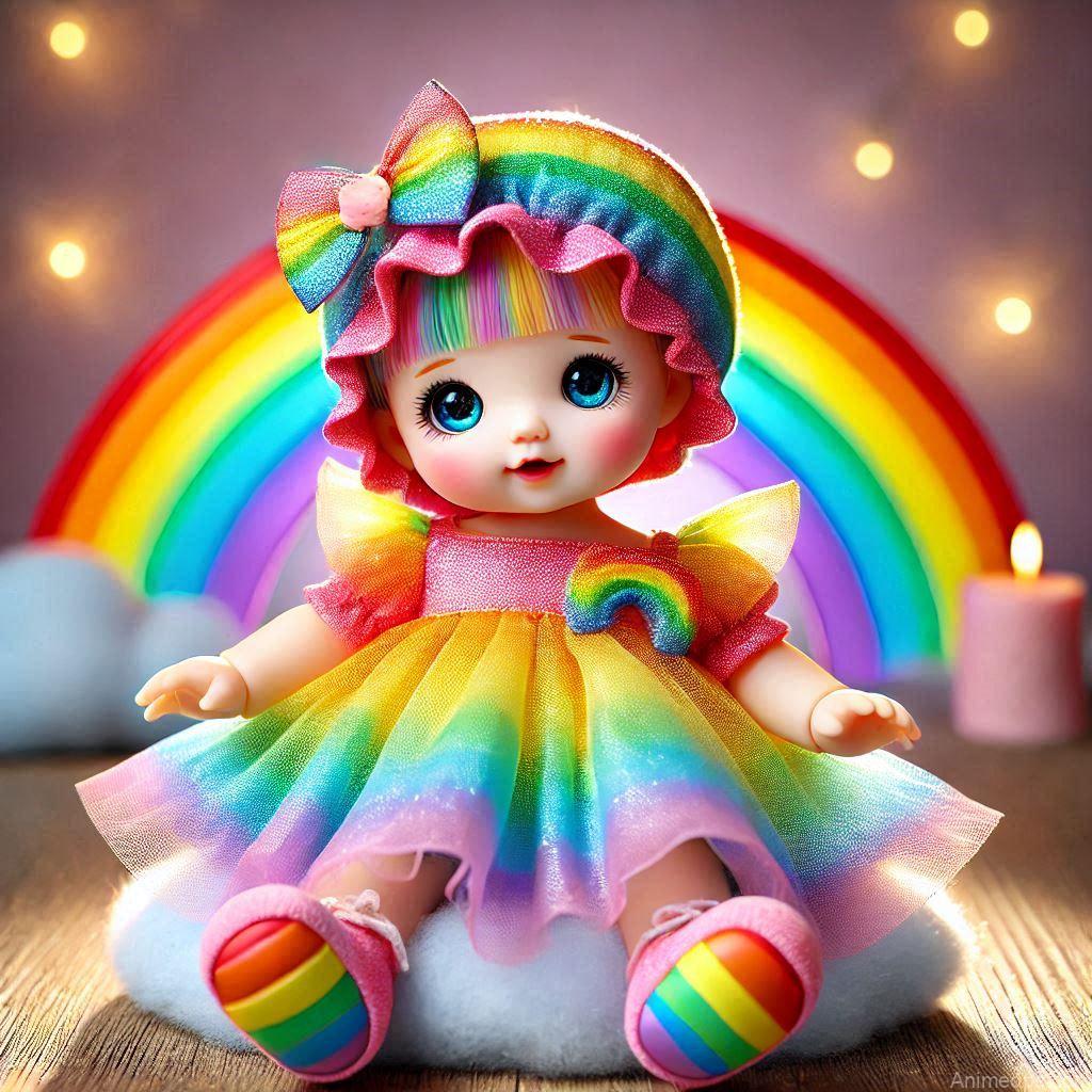 225+ Best Baby Doll Whatsapp Dp 104 A vibrant baby doll wearing a rainbow-colored dress, sitting on a fluffy cloud with a glowing rainbow