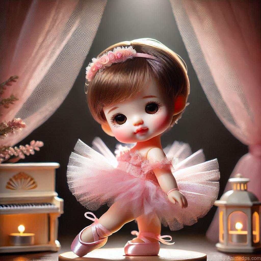 225+ Best Baby Doll Whatsapp Dp 106 A graceful baby doll dressed in a pink tutu and ballet slippers, posing on a miniature stage with soft spotlight effects