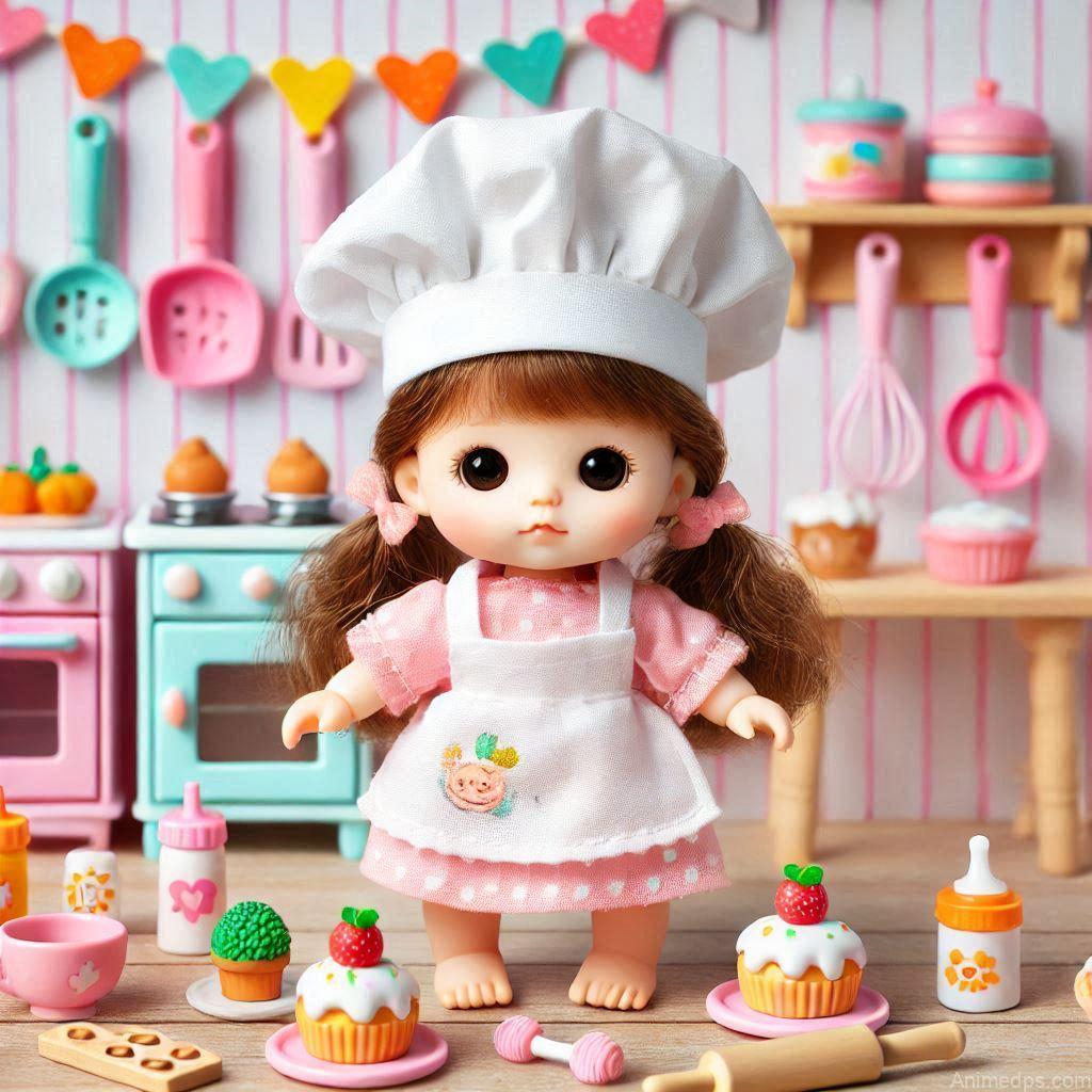 225+ Best Baby Doll Whatsapp Dp 73 A playful baby doll wearing a tiny chef’s hat and apron, surrounded by toy baking tools.