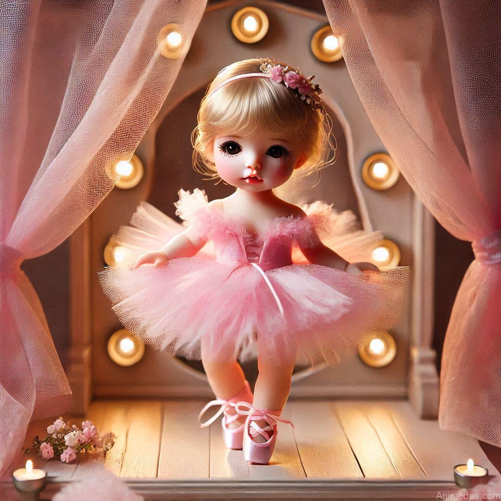 225+ Best Baby Doll Whatsapp Dp 107 A graceful baby doll dressed in a pink tutu and ballet slippers, posing on a miniature stage with soft spotlight effects