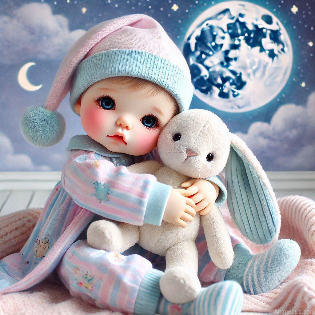 225+ Best Baby Doll Whatsapp Dp 86 A lovable baby doll hugging a soft plush bunny, dressed in pastel pajamas, with a starry night background featuring gentle moonlight and dreamy clouds