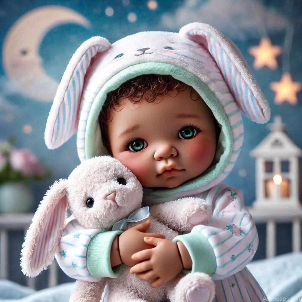 225+ Best Baby Doll Whatsapp Dp 87 A lovable baby doll hugging a soft plush bunny, dressed in pastel pajamas, with a starry night background featuring gentle moonlight and dreamy clouds