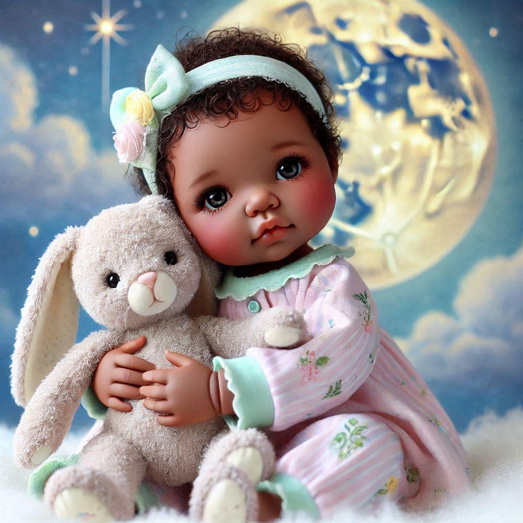 225+ Best Baby Doll Whatsapp Dp 88 A lovable baby doll hugging a soft plush bunny, dressed in pastel pajamas, with a starry night background featuring gentle moonlight and dreamy clouds