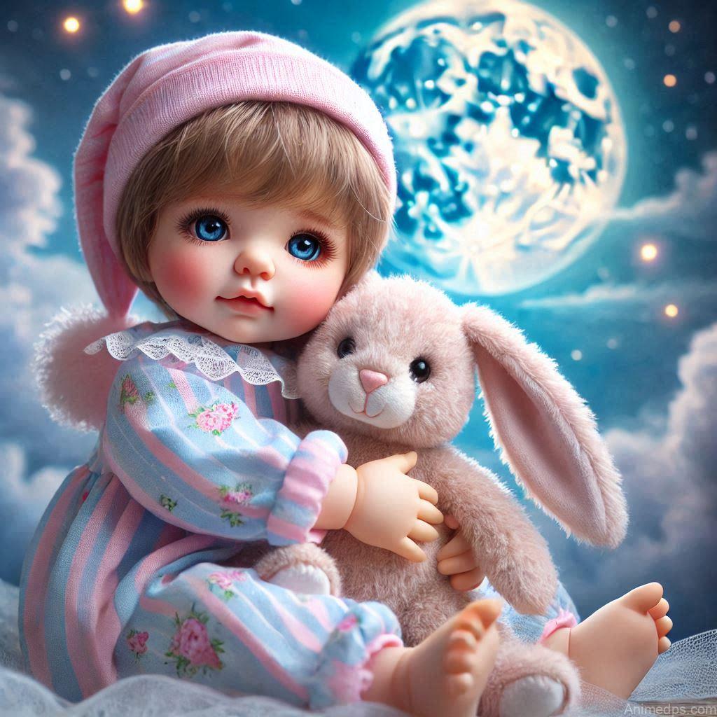 225+ Best Baby Doll Whatsapp Dp 57 A cozy baby doll wearing a cute knitted hat and scarf in soft pastel colors, sitting on a snow-covered bench.