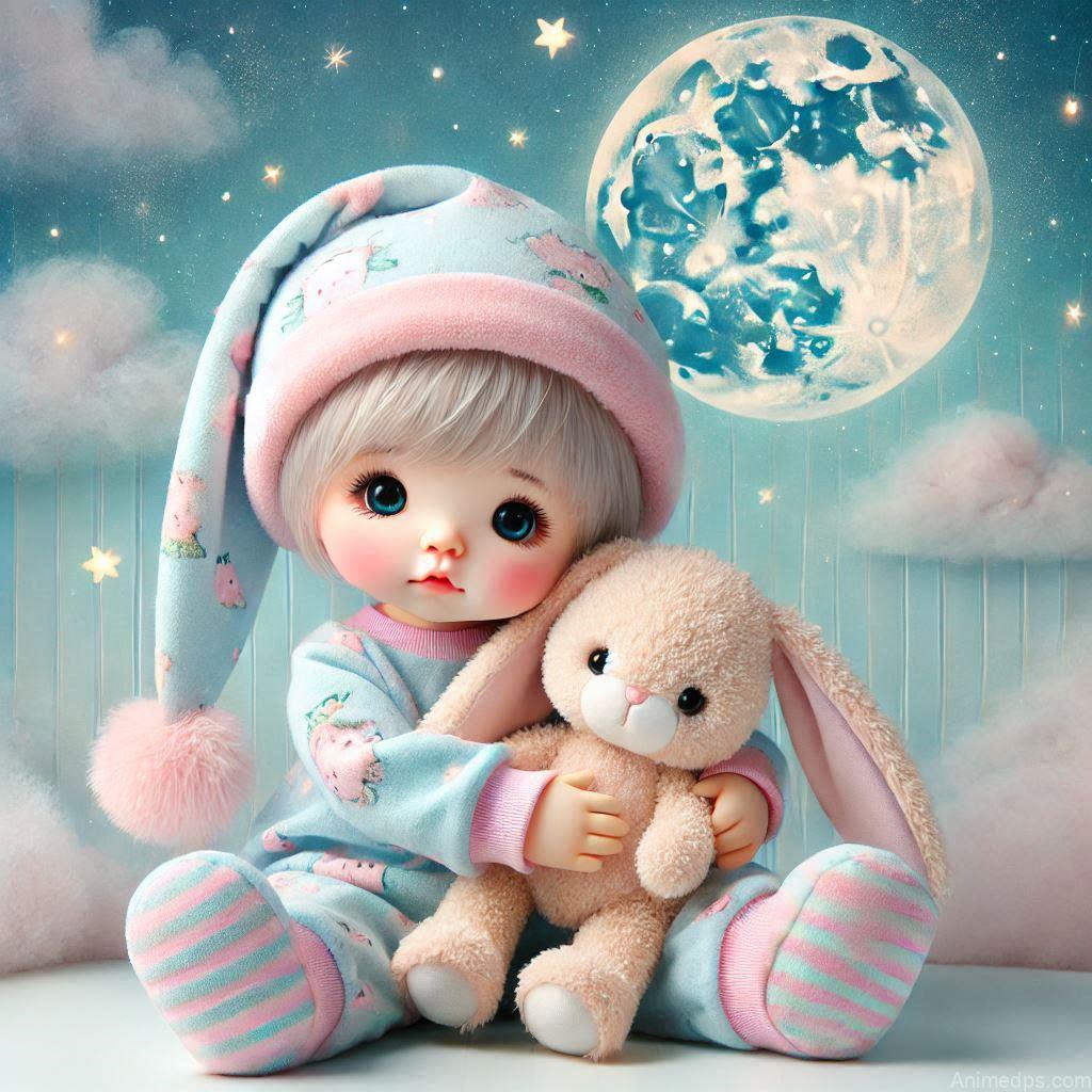 225+ Best Baby Doll Whatsapp Dp 58 A cozy baby doll wearing a cute knitted hat and scarf in soft pastel colors, sitting on a snow-covered bench.