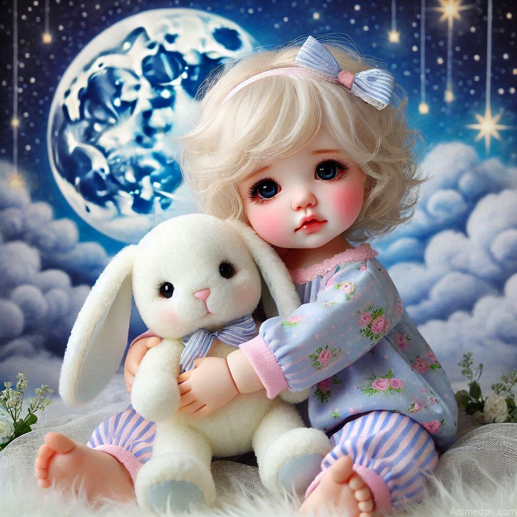 225+ Best Baby Doll Whatsapp Dp 59 A cozy baby doll wearing a cute knitted hat and scarf in soft pastel colors, sitting on a snow-covered bench.