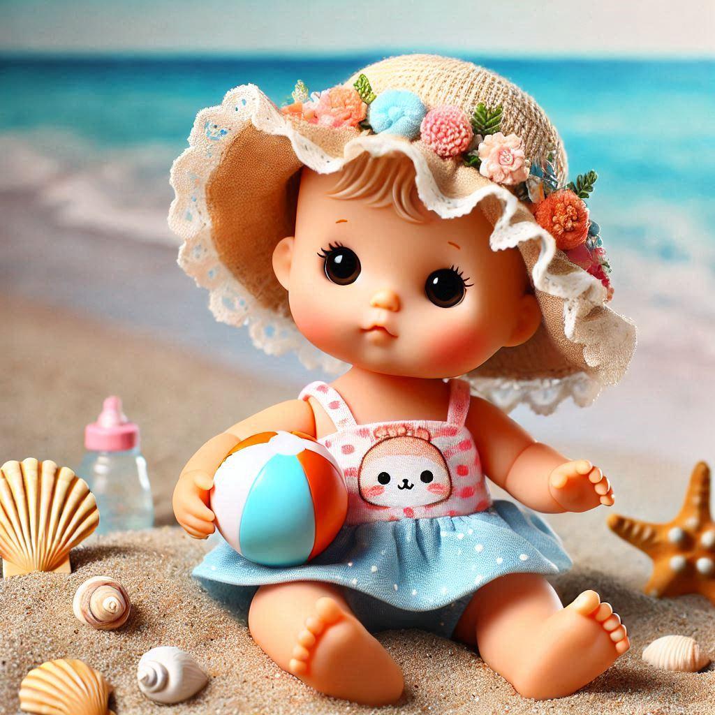 225+ Best Baby Doll Whatsapp Dp 60 A fun baby doll wearing a tiny sun hat and swimsuit, holding a mini beach ball, sitting on sand