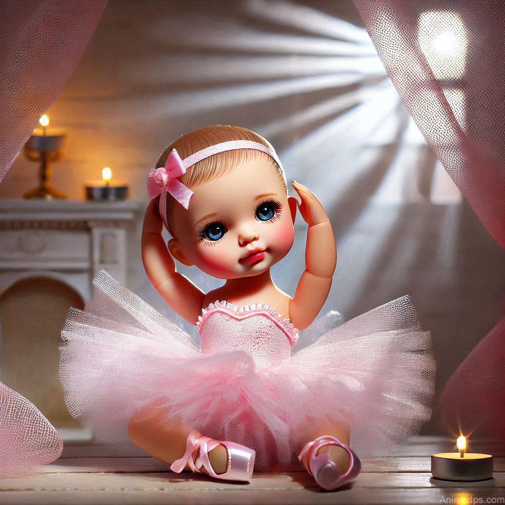 225+ Best Baby Doll Whatsapp Dp 89 A graceful baby doll dressed in a pink tutu and ballet slippers, posing on a miniature stage with soft spotlight effects