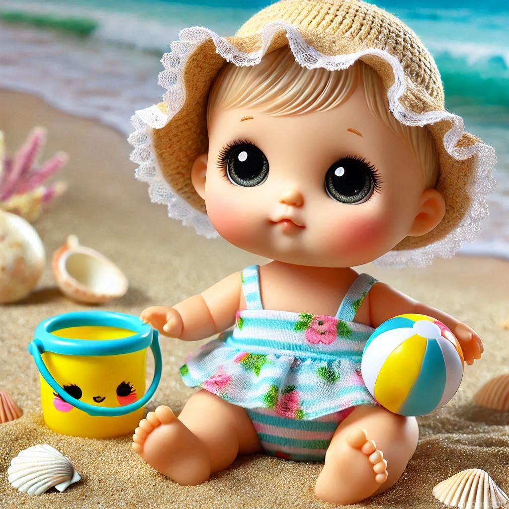 225+ Best Baby Doll Whatsapp Dp 61 A fun baby doll wearing a tiny sun hat and swimsuit, holding a mini beach ball, sitting on sand