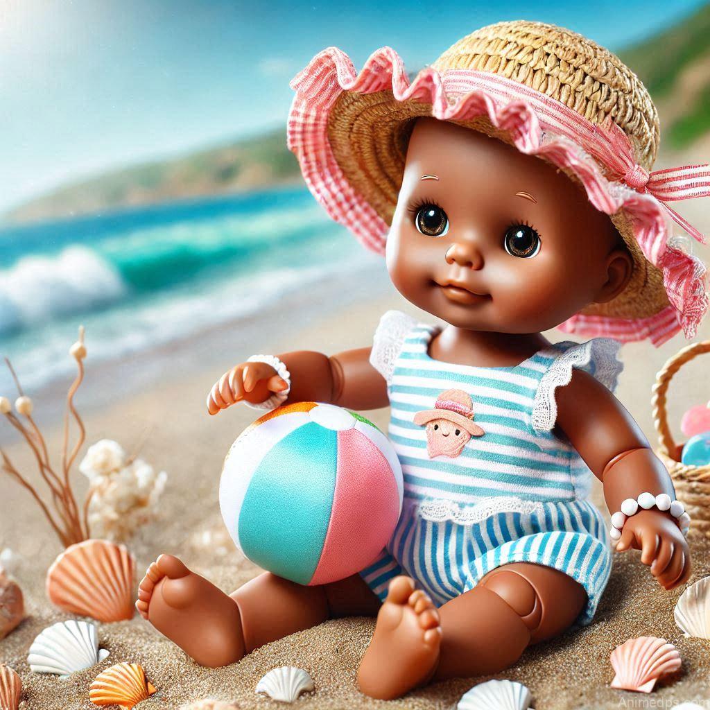 225+ Best Baby Doll Whatsapp Dp 62 A fun baby doll wearing a tiny sun hat and swimsuit, holding a mini beach ball, sitting on sand
