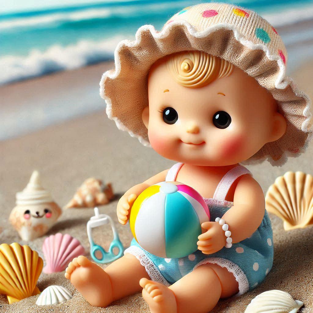 225+ Best Baby Doll Whatsapp Dp 63 A fun baby doll wearing a tiny sun hat and swimsuit, holding a mini beach ball, sitting on sand