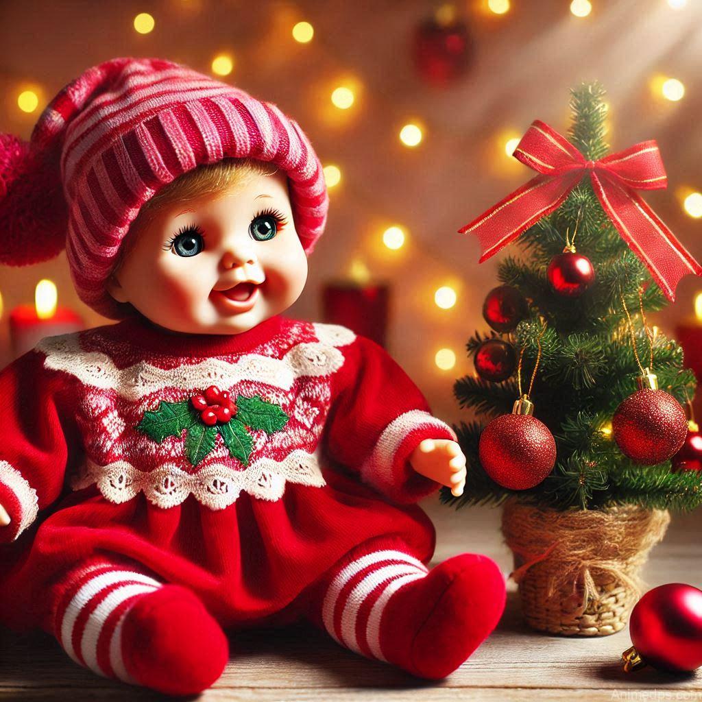 225+ Best Baby Doll Whatsapp Dp 64 A joyful baby doll dressed in a bright red holiday outfit, sitting near a small Christmas tree