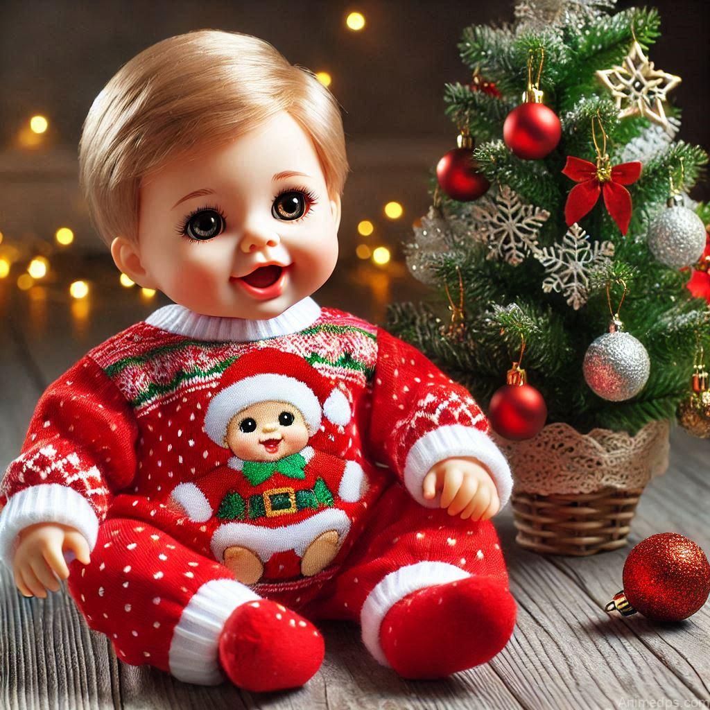 225+ Best Baby Doll Whatsapp Dp 65 A joyful baby doll dressed in a bright red holiday outfit, sitting near a small Christmas tree