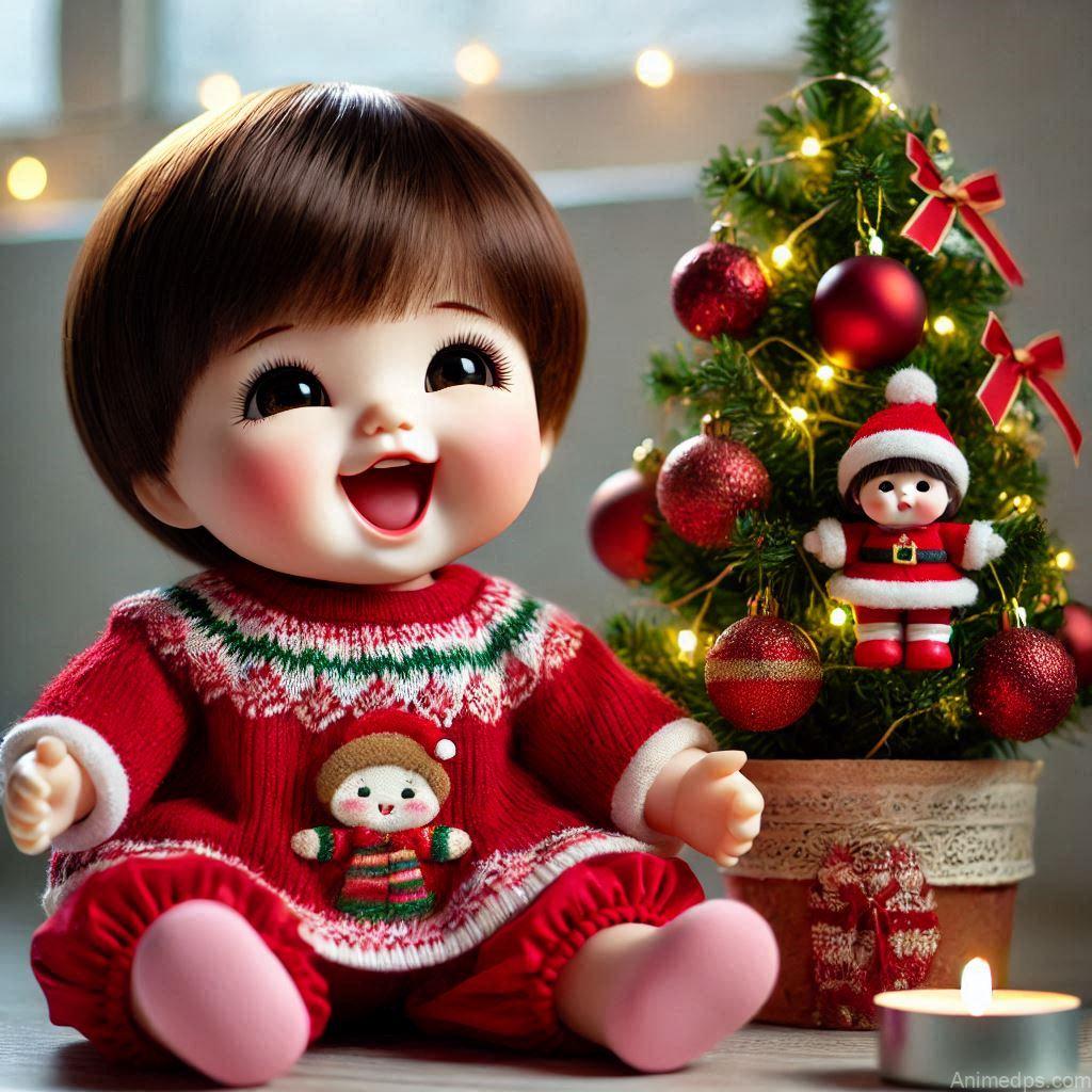 225+ Best Baby Doll Whatsapp Dp 66 A joyful baby doll dressed in a bright red holiday outfit, sitting near a small Christmas tree