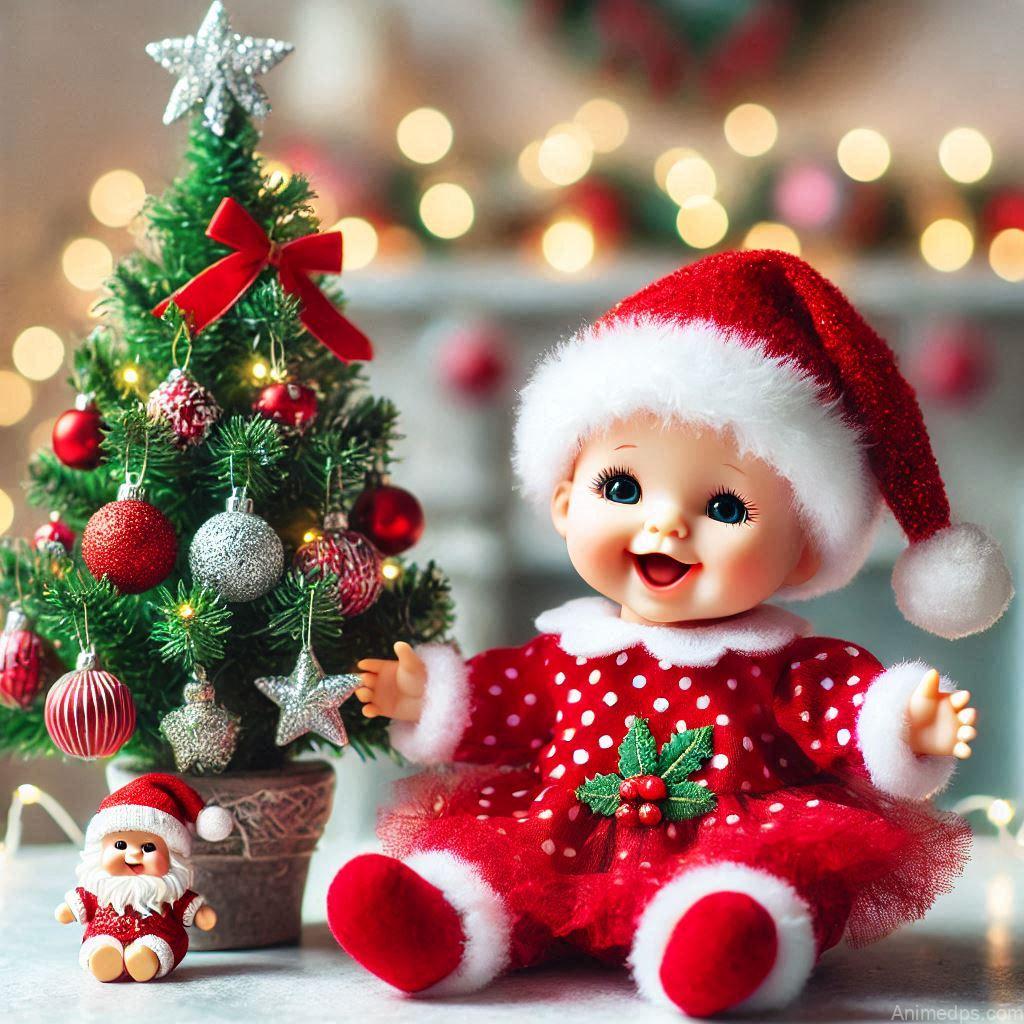 225+ Best Baby Doll Whatsapp Dp 67 A joyful baby doll dressed in a bright red holiday outfit, sitting near a small Christmas tree