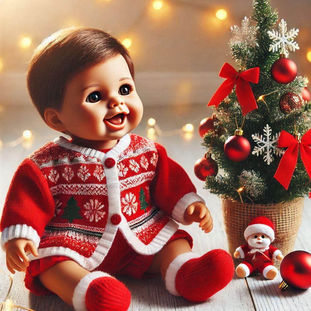 225+ Best Baby Doll Whatsapp Dp 69 A joyful baby doll dressed in a bright red holiday outfit, sitting near a small Christmas tree
