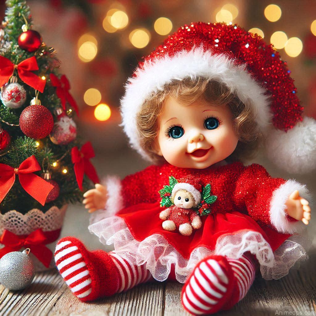 225+ Best Baby Doll Whatsapp Dp 70 A joyful baby doll dressed in a bright red holiday outfit, sitting near a small Christmas tree