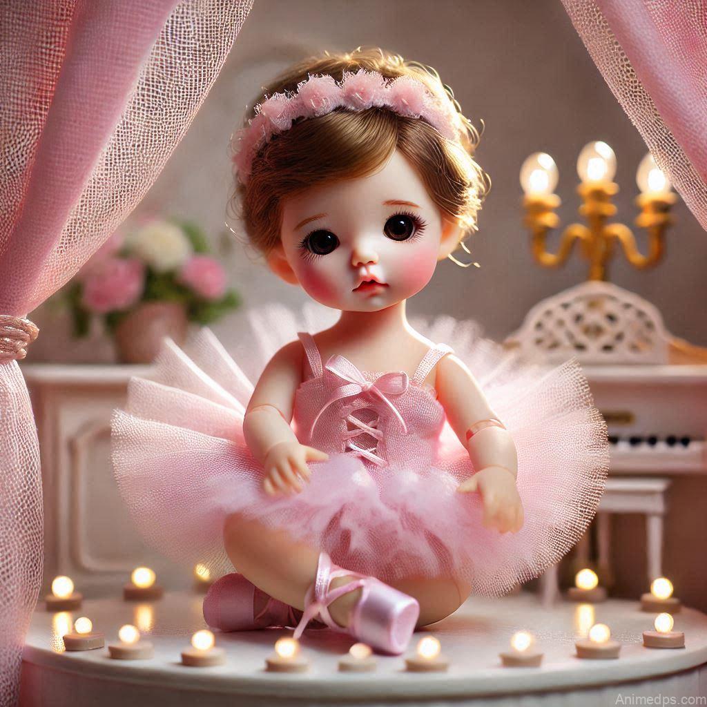 225+ Best Baby Doll Whatsapp Dp 90 A graceful baby doll dressed in a pink tutu and ballet slippers, posing on a miniature stage with soft spotlight effects