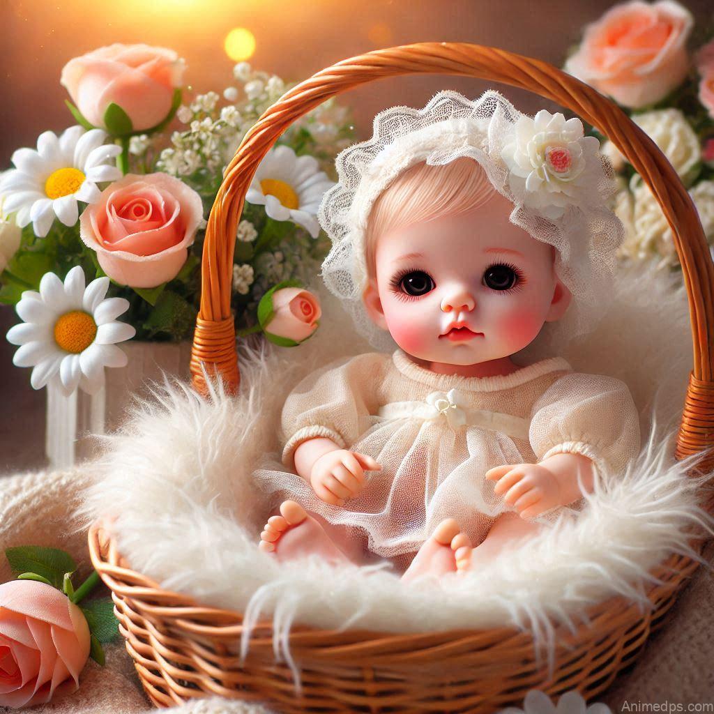 225+ Best Baby Doll Whatsapp Dp 71 A charming baby doll nestled in a wicker basket lined with a fluffy blanket, surrounded by fresh flowers