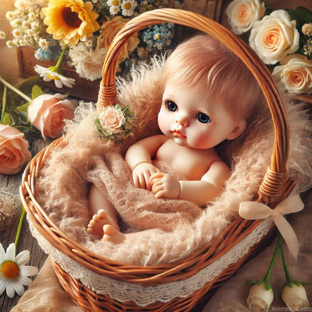 225+ Best Baby Doll Whatsapp Dp 72 A charming baby doll nestled in a wicker basket lined with a fluffy blanket, surrounded by fresh flowers
