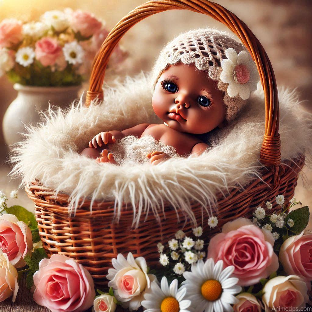 225+ Best Baby Doll Whatsapp Dp 42 A charming baby doll nestled in a wicker basket lined with a fluffy blanket, surrounded by fresh flowers.