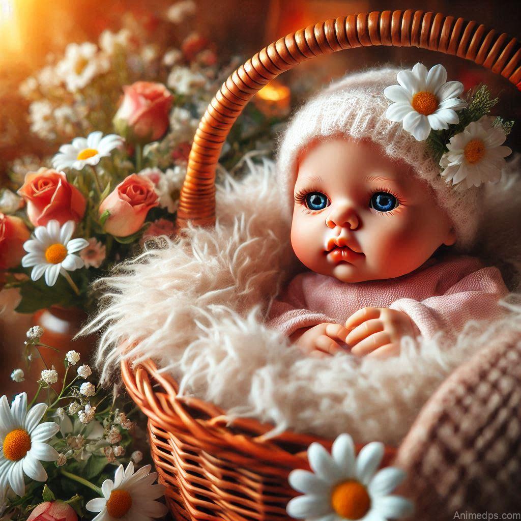 225+ Best Baby Doll Whatsapp Dp 43 A charming baby doll nestled in a wicker basket lined with a fluffy blanket, surrounded by fresh flowers