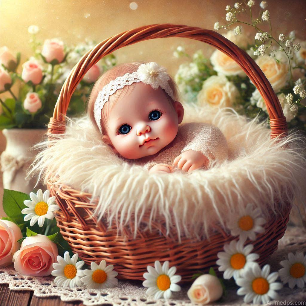 225+ Best Baby Doll Whatsapp Dp 44 A charming baby doll nestled in a wicker basket lined with a fluffy blanket, surrounded by fresh flowers
