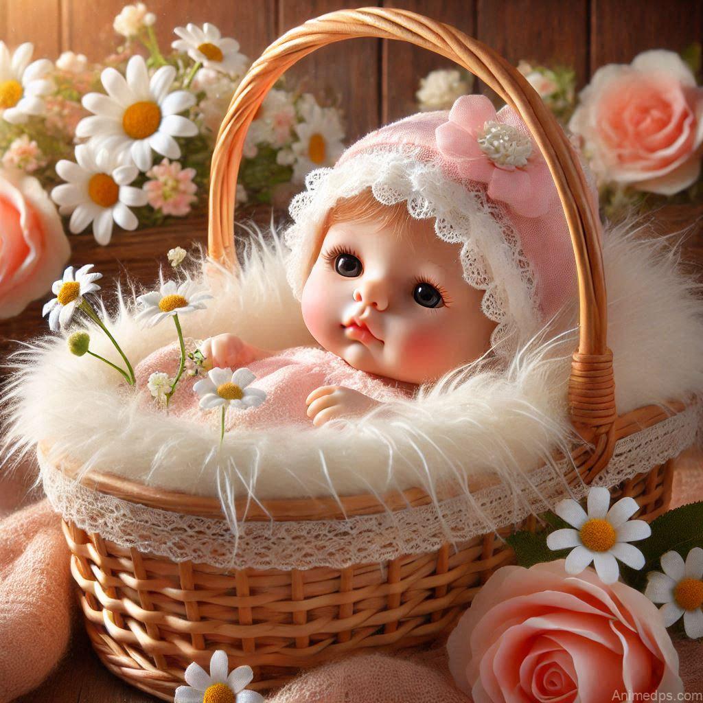 225+ Best Baby Doll Whatsapp Dp 45 A charming baby doll nestled in a wicker basket lined with a fluffy blanket, surrounded by fresh flowers