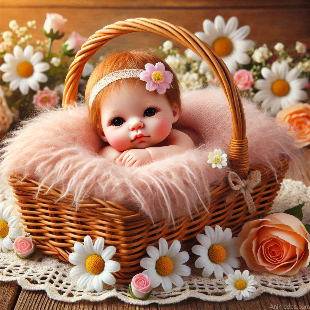 225+ Best Baby Doll Whatsapp Dp 46 A charming baby doll nestled in a wicker basket lined with a fluffy blanket, surrounded by fresh flowers