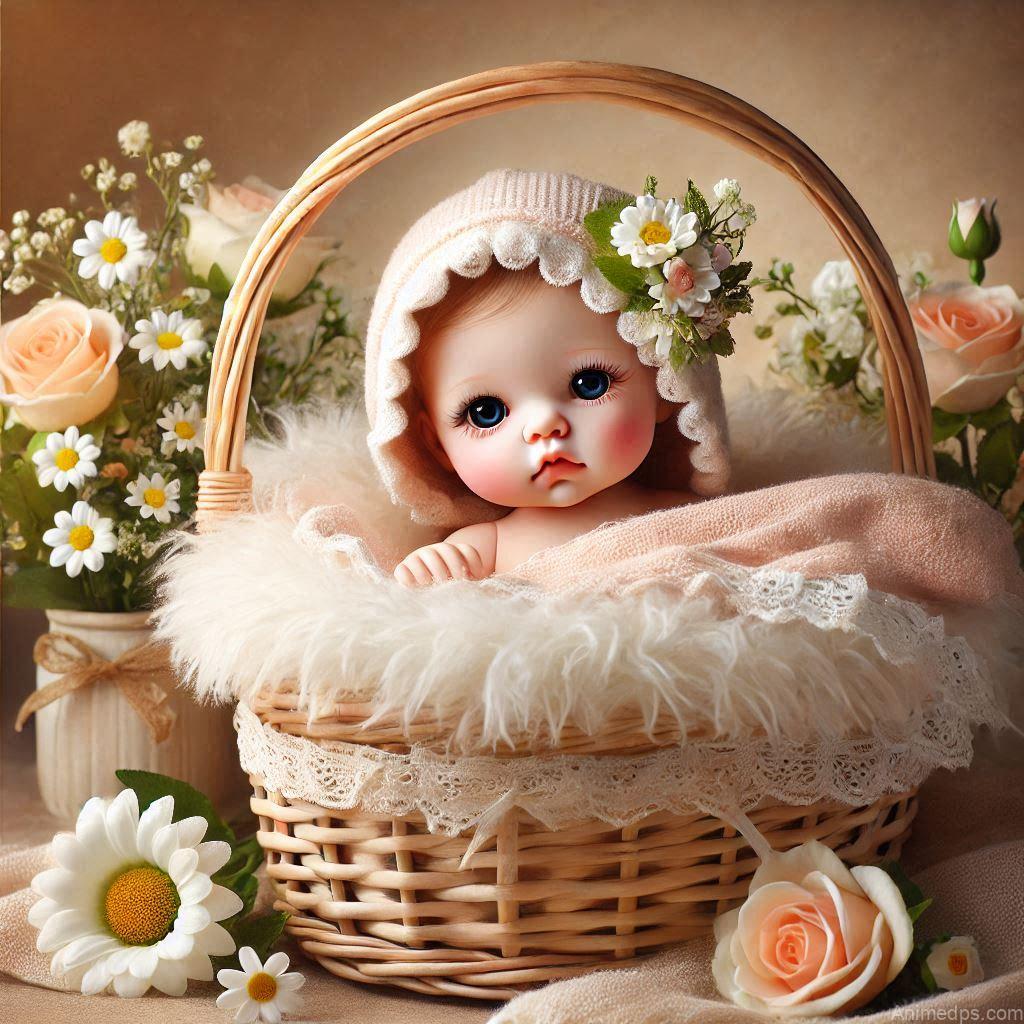225+ Best Baby Doll Whatsapp Dp 47 A charming baby doll nestled in a wicker basket lined with a fluffy blanket, surrounded by fresh flowers