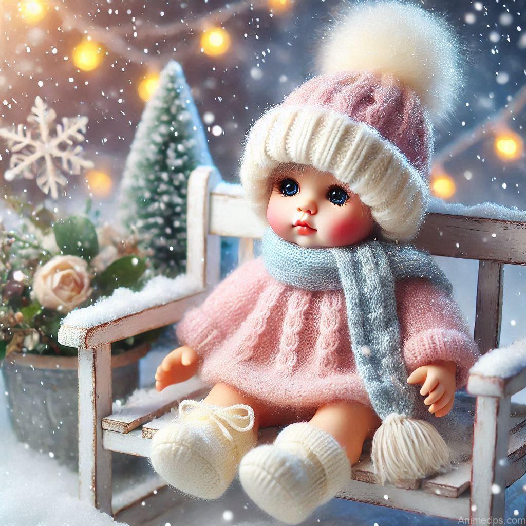 225+ Best Baby Doll Whatsapp Dp 48 A cozy baby doll wearing a cute knitted hat and scarf in soft pastel colors, sitting on a snow-covered bench