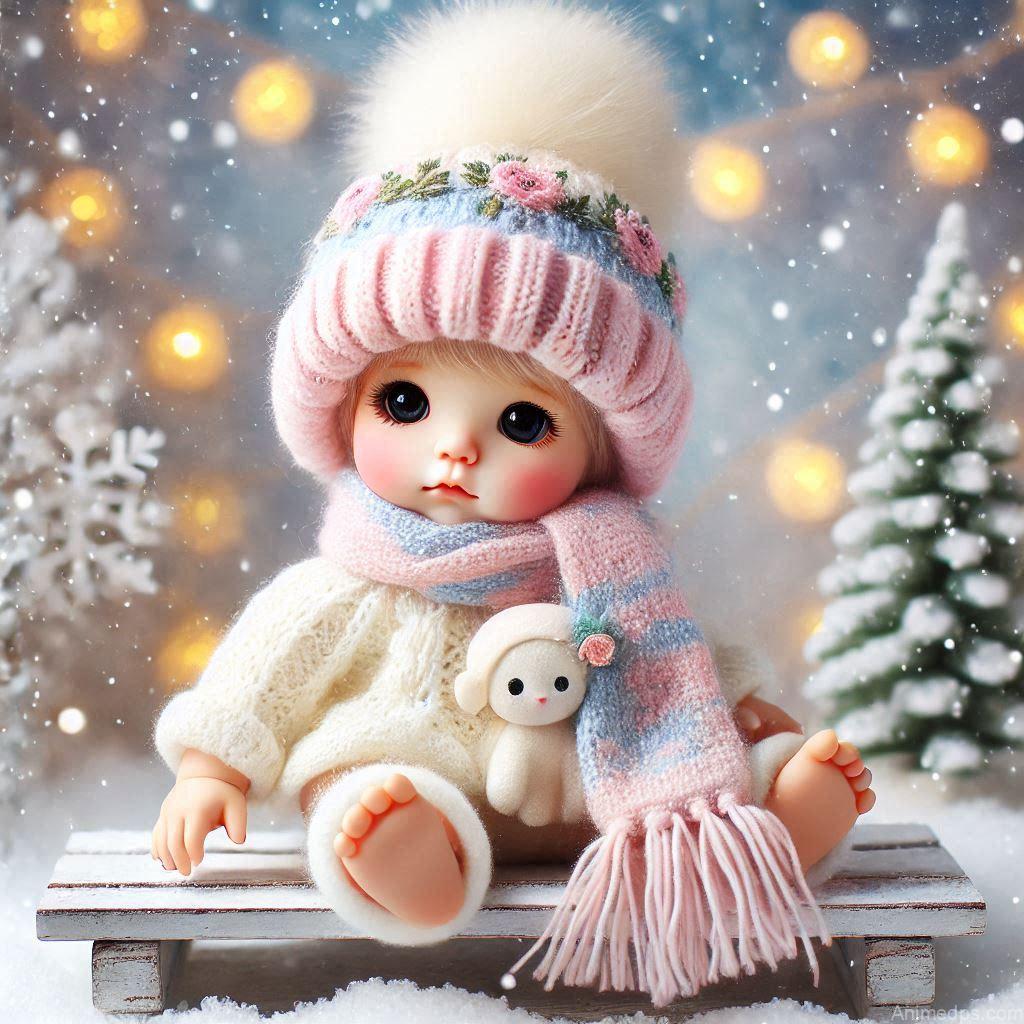 225+ Best Baby Doll Whatsapp Dp 49 A cozy baby doll wearing a cute knitted hat and scarf in soft pastel colors, sitting on a snow-covered bench