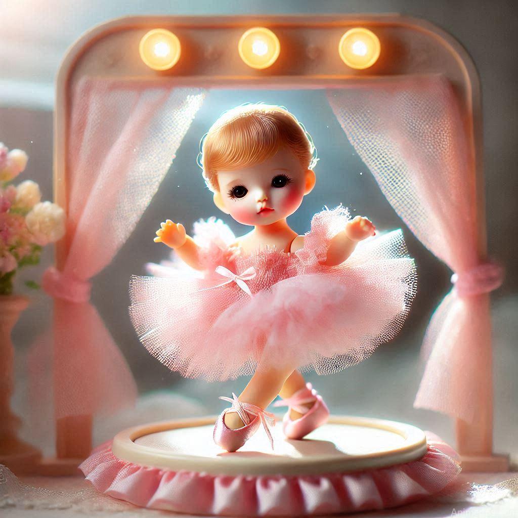 225+ Best Baby Doll Whatsapp Dp 91 A graceful baby doll dressed in a pink tutu and ballet slippers, posing on a miniature stage with soft spotlight effects